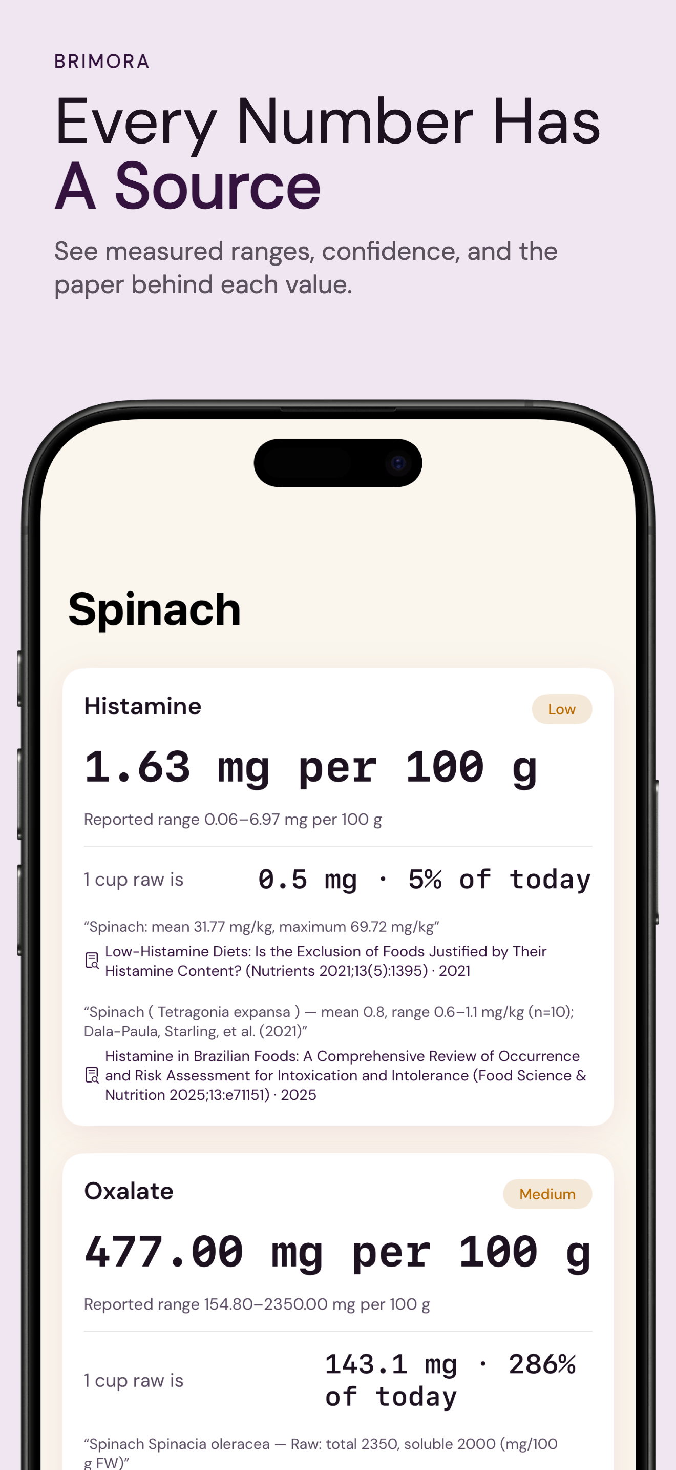 Brimora food detail showing a measured value and its published source