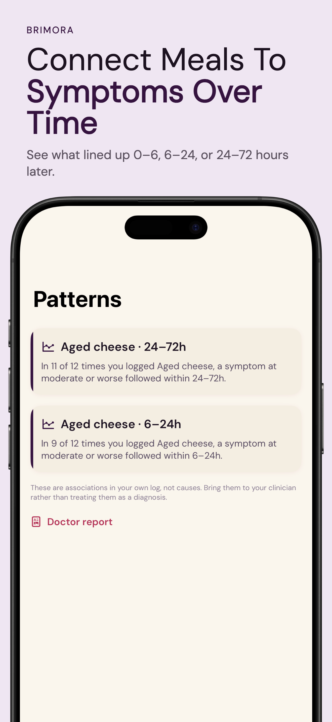 Brimora correlations screen connecting meals with symptom patterns over time