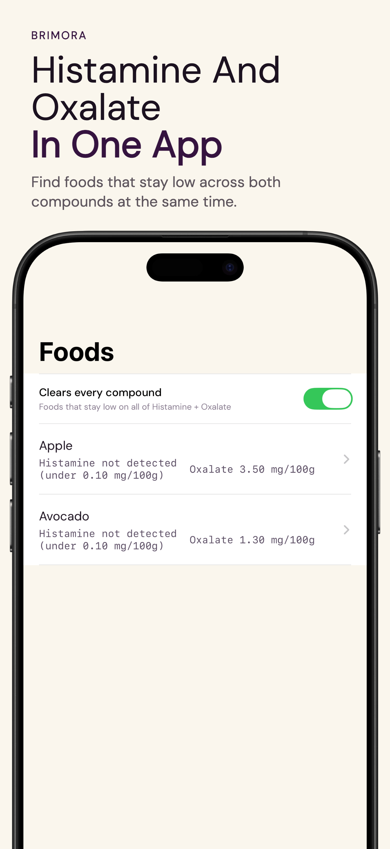 Brimora food list filtered by both histamine and oxalate